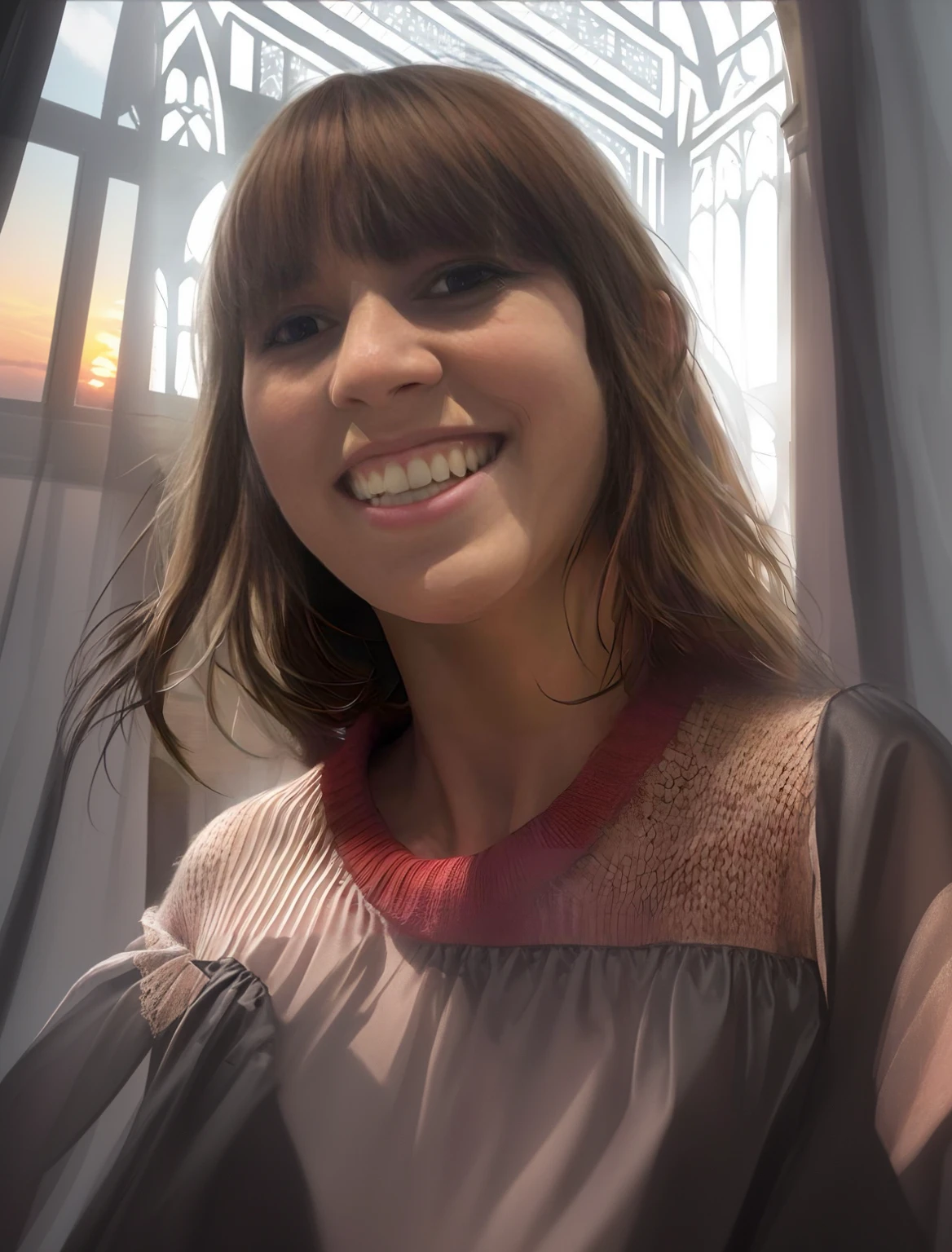 Black silk blouse, sunset, french window