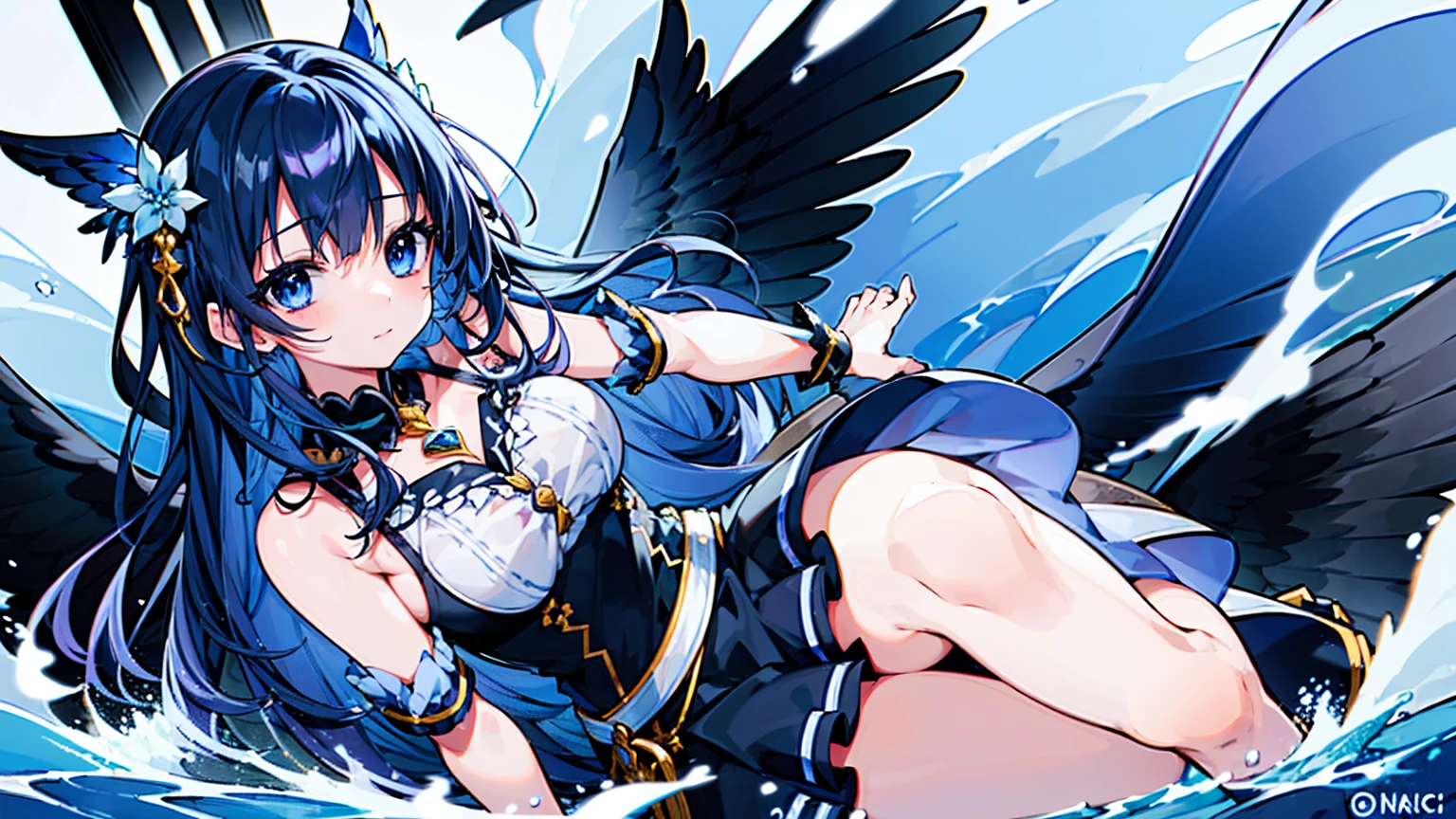 (Anime),(Niedlich)(Meisterwerk), (Best quality),1Girl,upper body,(Double jeopardy:1.2),(einfacher Hintergrund:1), (filmischer Blickwinkel),(dynamischer Winkel),unordentliches langes Haar,(geringer Kontrast),(flache Farbe:0.7), Strand, Meer im Hintergrund, Bikini, Badesachen