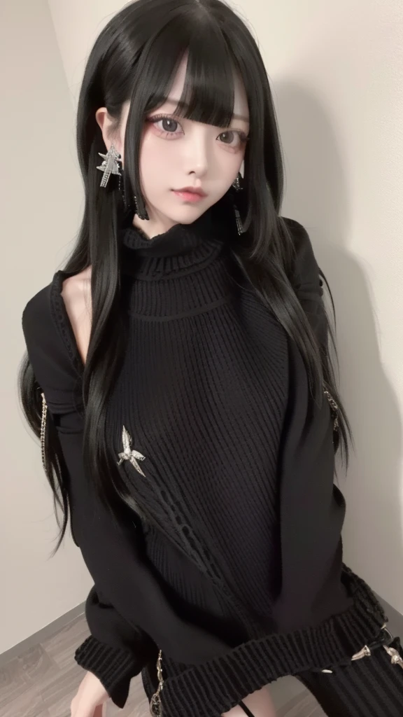 Highest quality、8K、32k、masterpiece、Hmph:1.2)、One Girl、One Girl、Black-haired、Heavy bangs、Chest-length hair、Focus on the face、Focus on the face、(Virgin killer sweater:1.5, 頭から足まで:1.5)