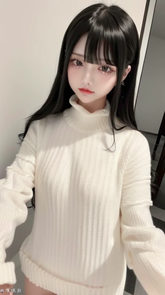 Highest quality、8K、32k、masterpiece、Hmph:1.2)、One Girl、One Girl、Black-haired、Heavy bangs、Chest-length hair、Focus on the face、Focus on the face、(Virgin killer sweater:1.5, 頭から足まで:1.5)