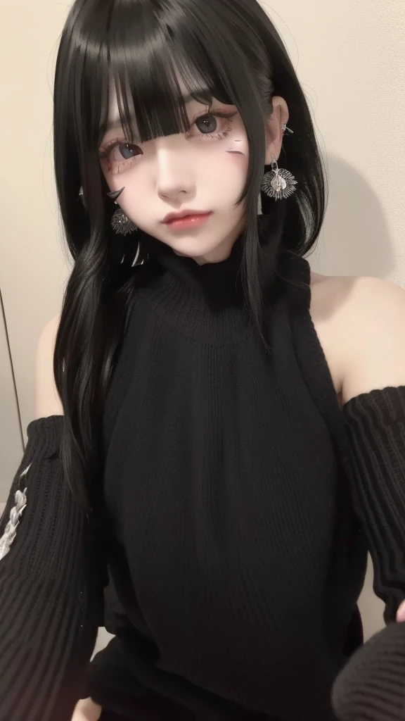 Highest quality、8K、32k、masterpiece、Hmph:1.2)、One Girl、One Girl、Black-haired、Heavy bangs、Chest-length hair、Focus on the face、Focus on the face、(Virgin killer sweater:1.5, 頭から足まで:1.5)