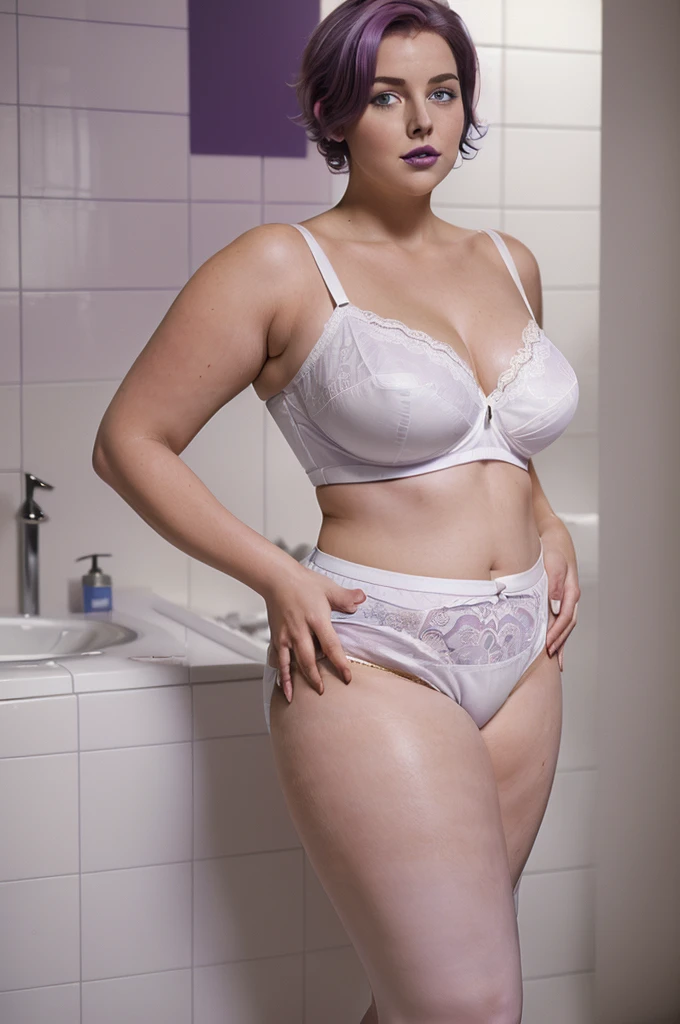 ((((masterpiece, best quality)))), ((30 year old)), (((Curvy))), (((Plus-sized))), ((British woman)) with (((short light purple hair))), in ((((white full panties)))), ((white bra)), ((Blue eyes)), (((Dark Purple lipstick))), (((Large Hips))), ((standing in a bathroom)), (hands behind head), (((photo realistic))), ((90's film, 90's movie scene, 90's TV Style))