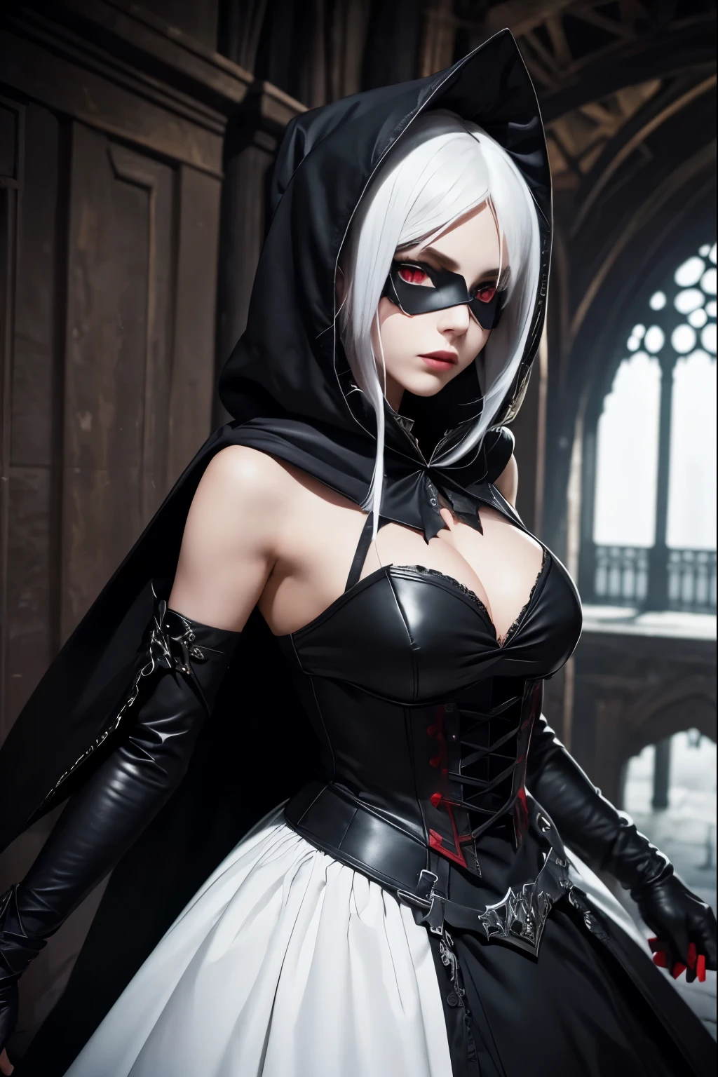 masterpiece),1 Girl best quality, expressive eyes, perfect face,Black gothic dress, Dramatic pose, red eyes, white hair, Phantom Thief, mask , in a roof, fantasy medieval capital, cleavage, mask, hood, gloves, detached sleeves,