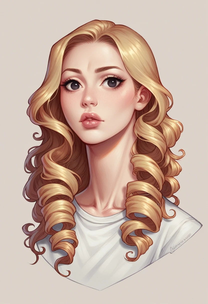 ((best quality)), ((masterpiece)), (detailed), a eoman in her 40s, long curly dark blonde hair, black eyes , round face , full lips , black long neck shirt. European not asian