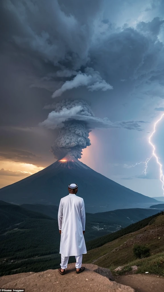 a Muslim man on a high hill who is watching a mountain erupt, along with scary strong winds, accompanied by terrible lightning, dramatic