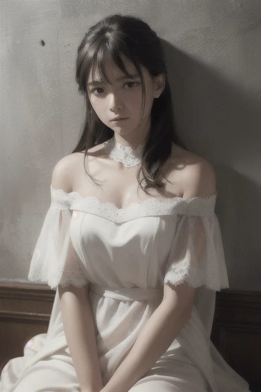 Best quality, masterpiece, ultra high res, (photorealistic:1.4), raw photo, (Authentic skin texture:1.3), (film grain:1.3), panorama, character portrait, very wide shot, narrow waist, cowboy shot, (in the dark, deep shadow, low key, cold light,) night, close-up, streaming tears,
indoor, dust, Tyndall effect, sad, disappointed, gloom (expression), sitting, (against wall), crying, frown, (head bowed), nervous, tearing up, lonely,
1girl, beautiful detailed eyes and face, white jabot, off shoulder, brown eyes,
