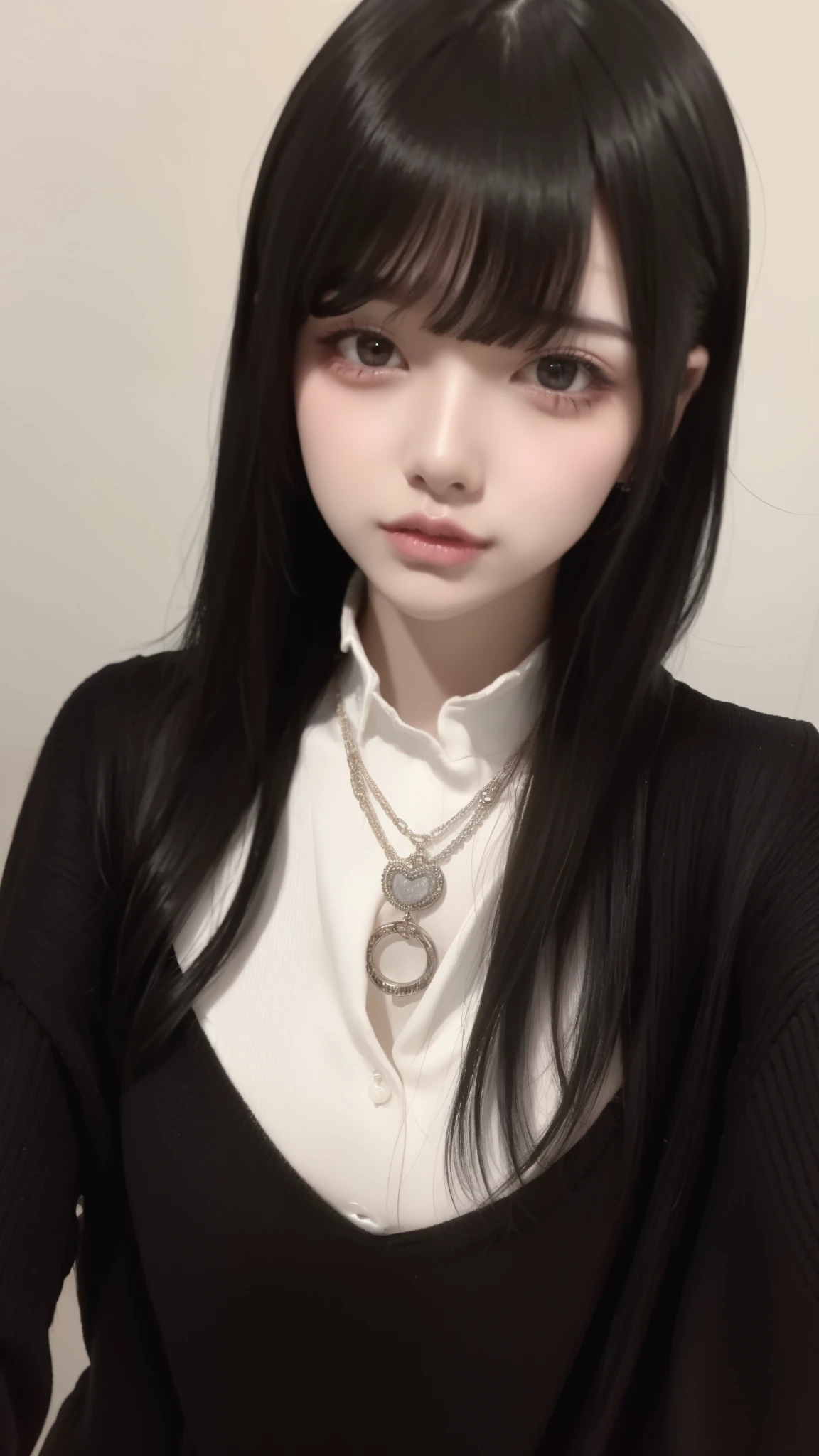 Highest quality、8K、32k、masterpiece、Hmph:1.2)、One Girl、One Girl、Black-haired、Heavy bangs、Chest-length hair、Focus on the face、Focus on the face、Virgin killer sweater