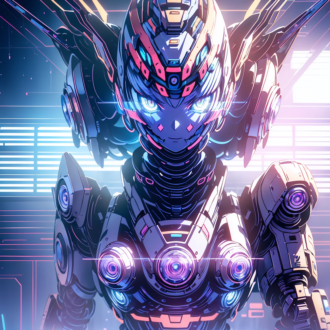 Anime, 2 characters, (1 age anime girl, silvery blue hair, bright blue star-shaped eyes,); (1 Robot, Humanoid, Cape, Luminous Eyes, Rugged, Fantasy, Lights, outdated, old style, dark blue, bronze), Room with window, sitting