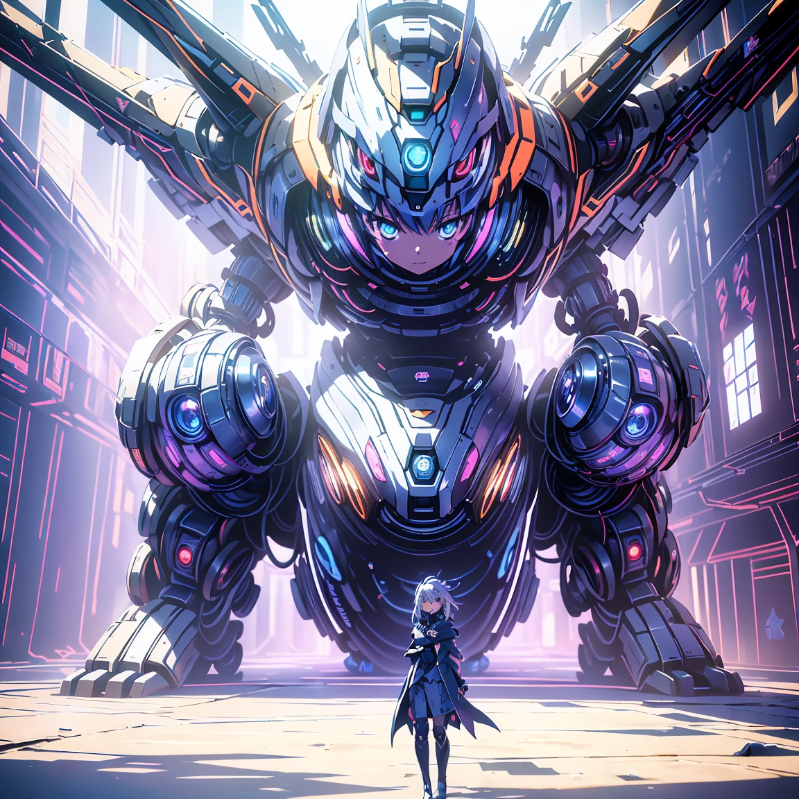Anime, 2 characters, (1 age anime girl, silvery blue hair, bright blue star-shaped eyes,); (1 Robot, Humanoid, Cape, Luminous Eyes, Rugged, Fantasy, Lights, outdated, old style, dark blue, bronze), Room with window, sitting