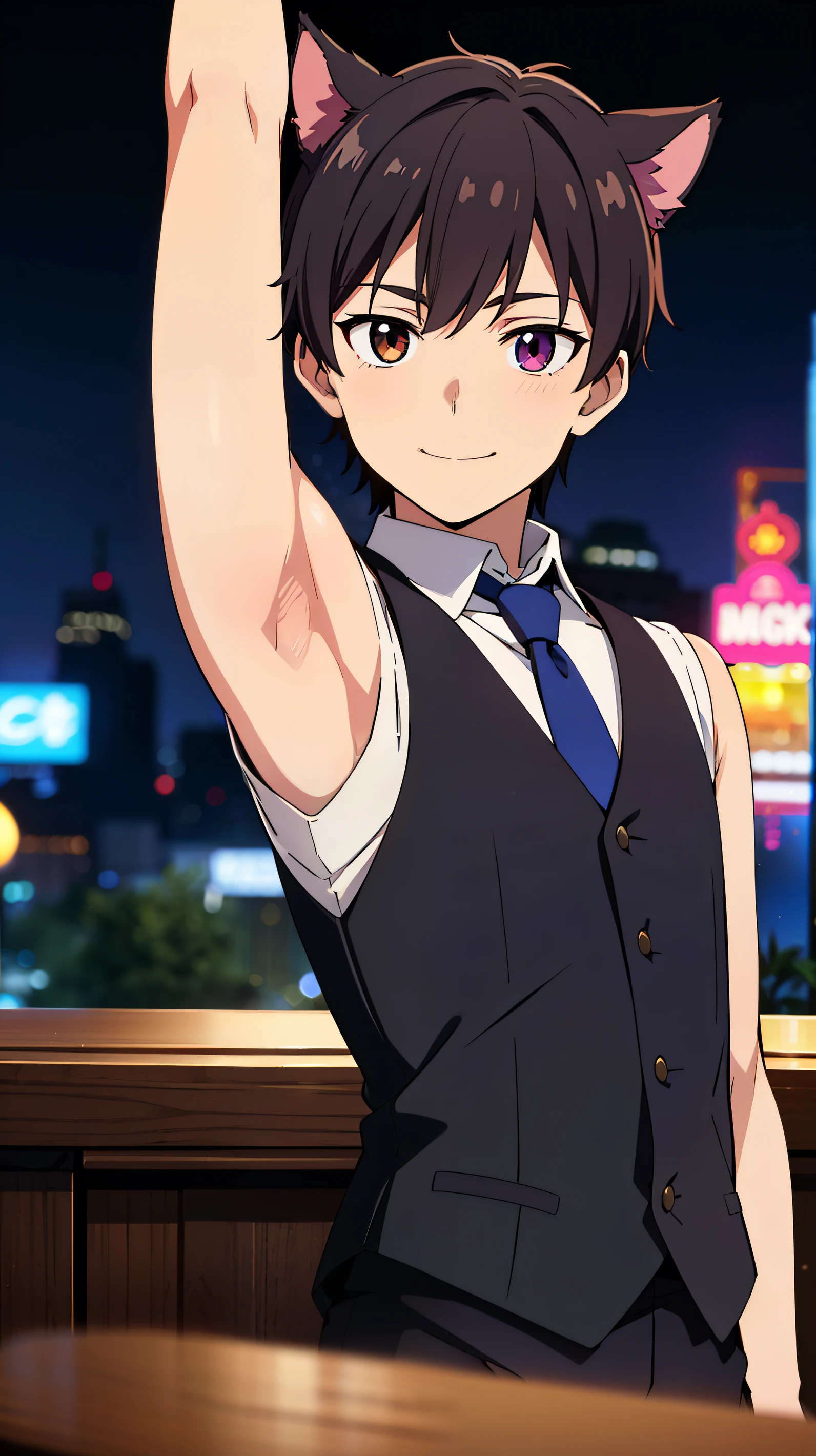 Highres, Masterpiece, Best quality at best,Best Quality,hight quality, hight detailed, Anime style, 1boy, Boy, Shota, Solo person, Sleeveless vest, Narrow shoulder, Tie, Gloves, Choker, Casino, Waiter, night day, Slim body, smile, sweat, Body, Simple beckground, Seen from the front, (Showing armpit:1.3), (very young boy), (very small and short body)