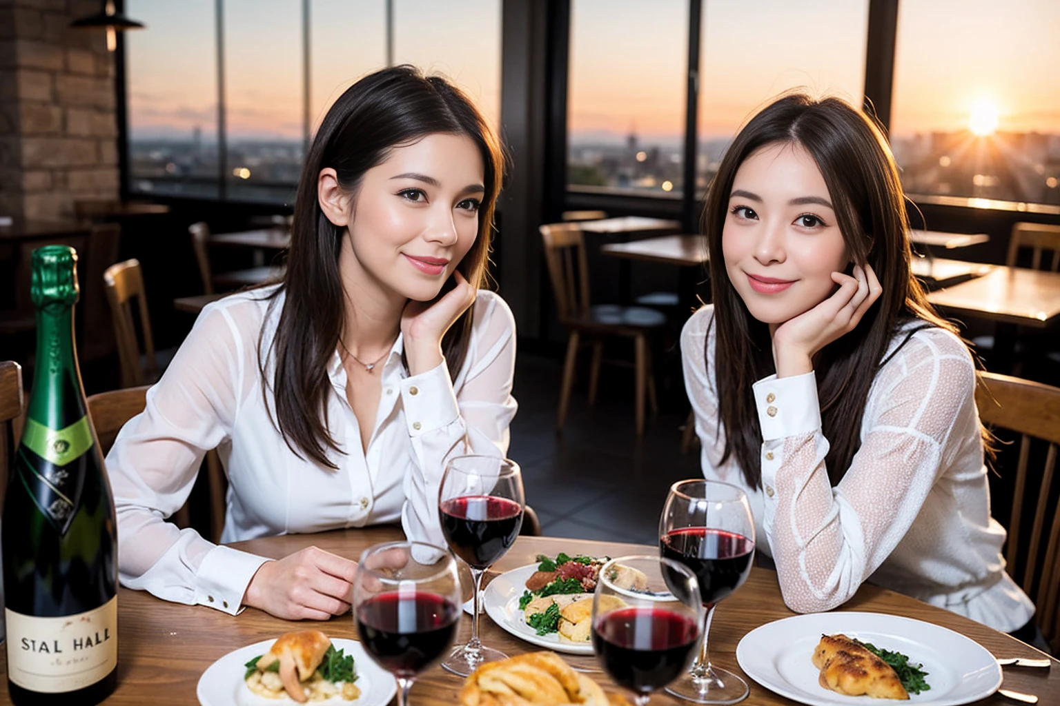 ((Highest quality、、masterpiece:1.3))、1 male、1 female、spouse、Beautiful couple、smile、full-course dinner、 (Slim face), (the body is スリム), (Brown Hair), (Shortcuts), ((Bob Hale、Straight hair:1.2)), テーブルの上のwine glass、Put the light on your face、 Amazing view of the sunset sky and clouds、smileの美しさ、Bright image、Blushing, Shortcuts, (43 years old), 39 years old, Appetizers、Italian food、Wine bottle、Champagne、sparkling wine、Long sleeve shirt、dress、Attractive beauty、restaurant, Nova Frog Style, actress, model, Upper Body, White wine, red wine, wine glass,