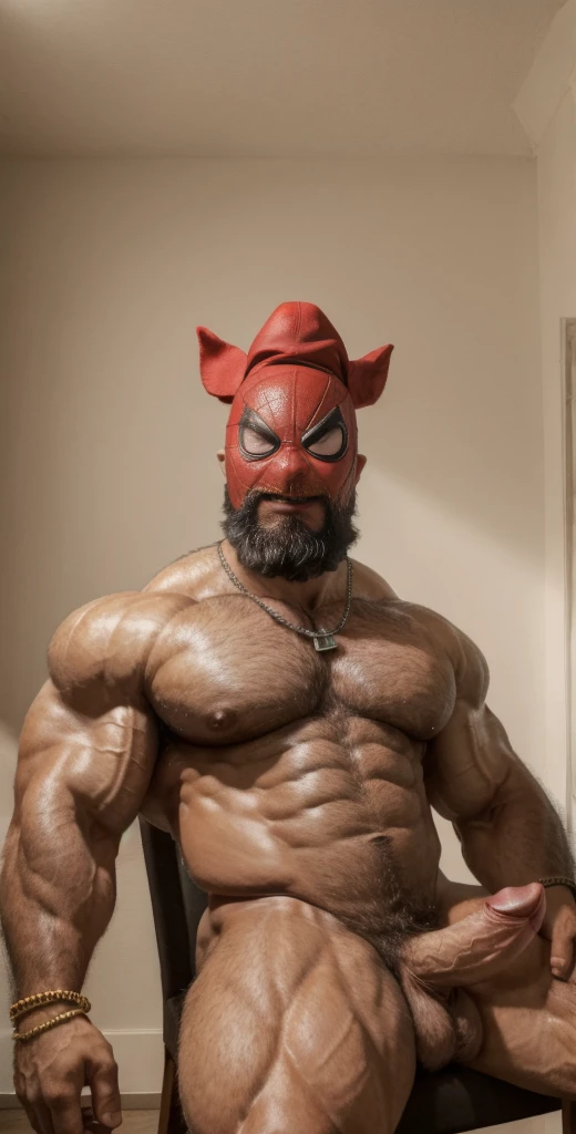(masterpiece, intricately detailed, highest resolution, best quality:1.2),a cocky Doumit Ghanem male model,a 80 y.o muscle dad with a muscular physique sitting on a chair with black eyes,dark-skinned male, huge beard, mutton- chops, wearing spider-man costume, nomask, bracelets, necklace, jewelry, flaccid penis,saggy balls,hairy chest,vascular,muscle striations,soft light,fantastic realism,