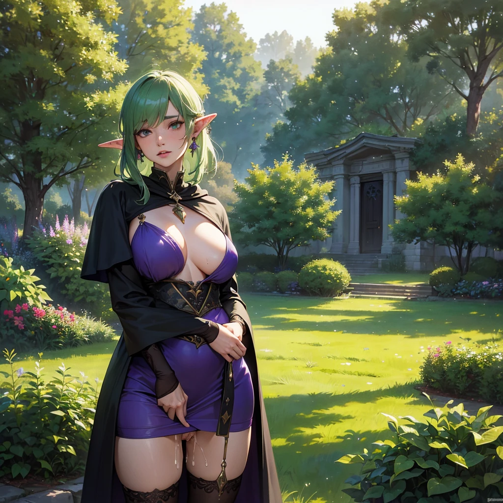8K, Best Quality, Masterpiece, Ultra High Resolution, (Realism: 1.4), (Realistic Skin Texture: 1.3), 1 mature beautiful elven woman, short Green hair, Best Quality, Background fantasy medieval garden, night sky, wearing a tight purple dress, earrings, black stockings, cloak, hairy pussy, cum, squirt, squirting, orgasm