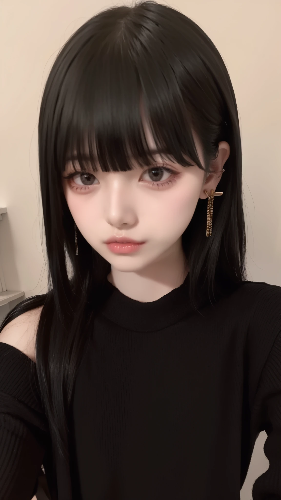Highest quality、8K、32k、masterpiece、Hmph:1.2)、One Girl、One Girl、Black-haired、Heavy bangs、Chest-length hair、Focus on the face、Focus on the face、Virgin killer sweater