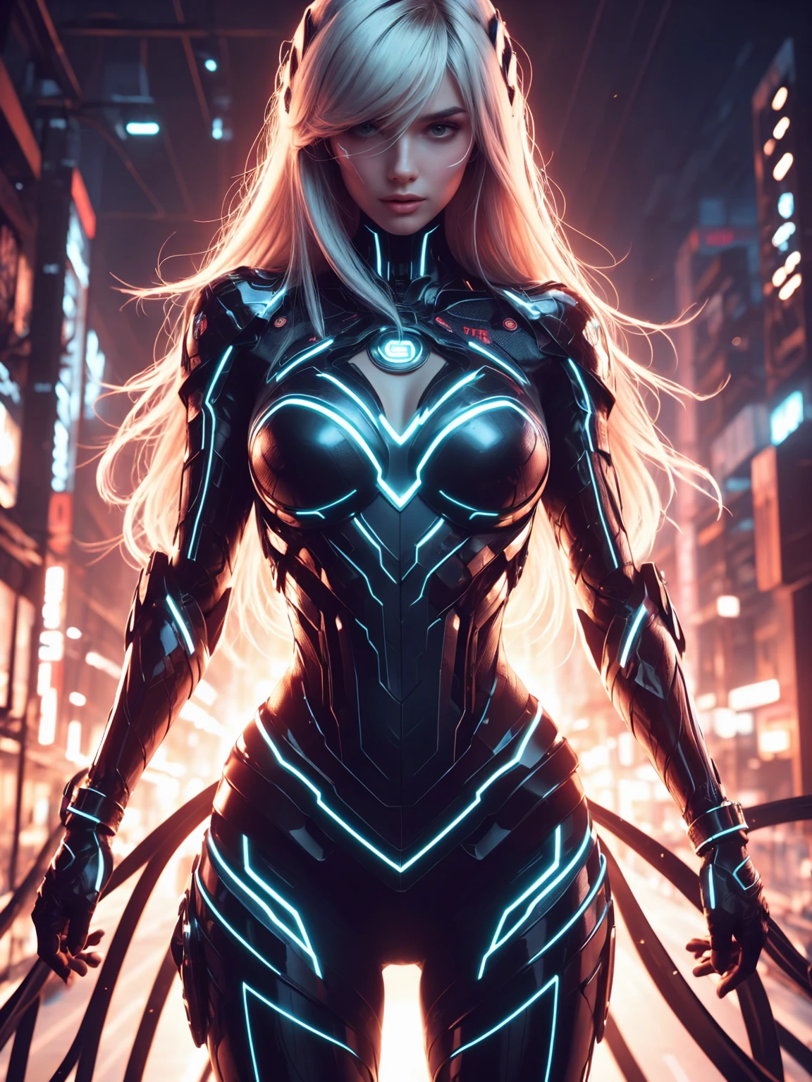 CRU photo, full body shot shot, Beautiful european girl posing, beautiful face, long white straight hair, Red costume, TronFashion style 8k uhd, SLR Camera, soft lighting, high qualiy, granularity, Fujifilm XT3, (complex parts:0.9), (hdr, 超detailded:1.2)