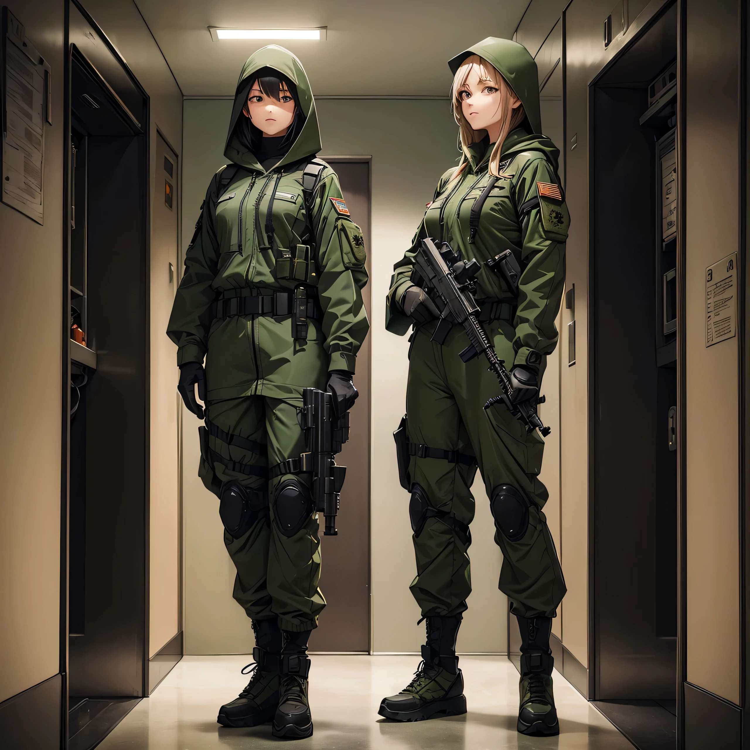 Two female special forces soldiers wearing the same dark green M-51 hooded military uniform、Hooded on head、Military Pants、Standing guard in front of the elevator、front、A lot of equipment、Best quality、Very detailed、8K