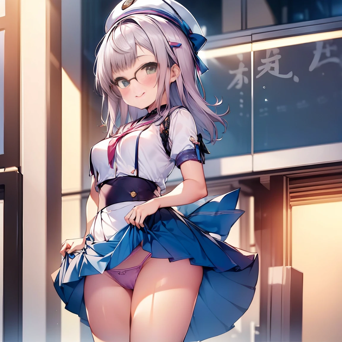 8K、masterpiece、Japanese、Woman wearing glasses、Neon(nod)、from the front、smile、Childish、Small breasts、See-through underwear、night、Bedroom、Show your underwear、mini skirt