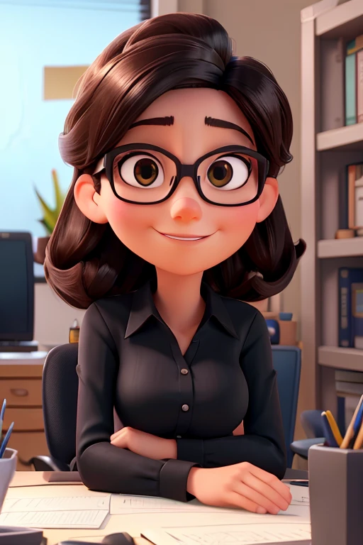portrait of a woman 3D pixar style, sitting forward at an office desk, looking at camera, slight smile on your face, With glasses, large breasts, a black shirt with the volgal "a" in the middle of the shirt, em uma agência de marketing digital chamada aestidia