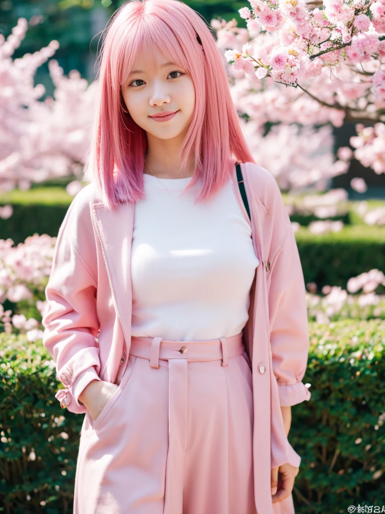 Photoreal, 8K full-length portrait, Beautiful woman, attractive look, Clear system, , Tokyo, In 2024, spring, Shibuya in the background, pink hair
