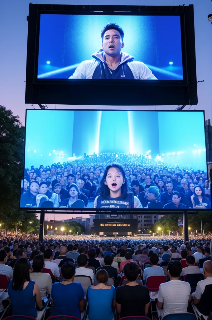 An outdoor cinema screen with a crowd watching the very large screen, people cheering on the screen, only a blue background