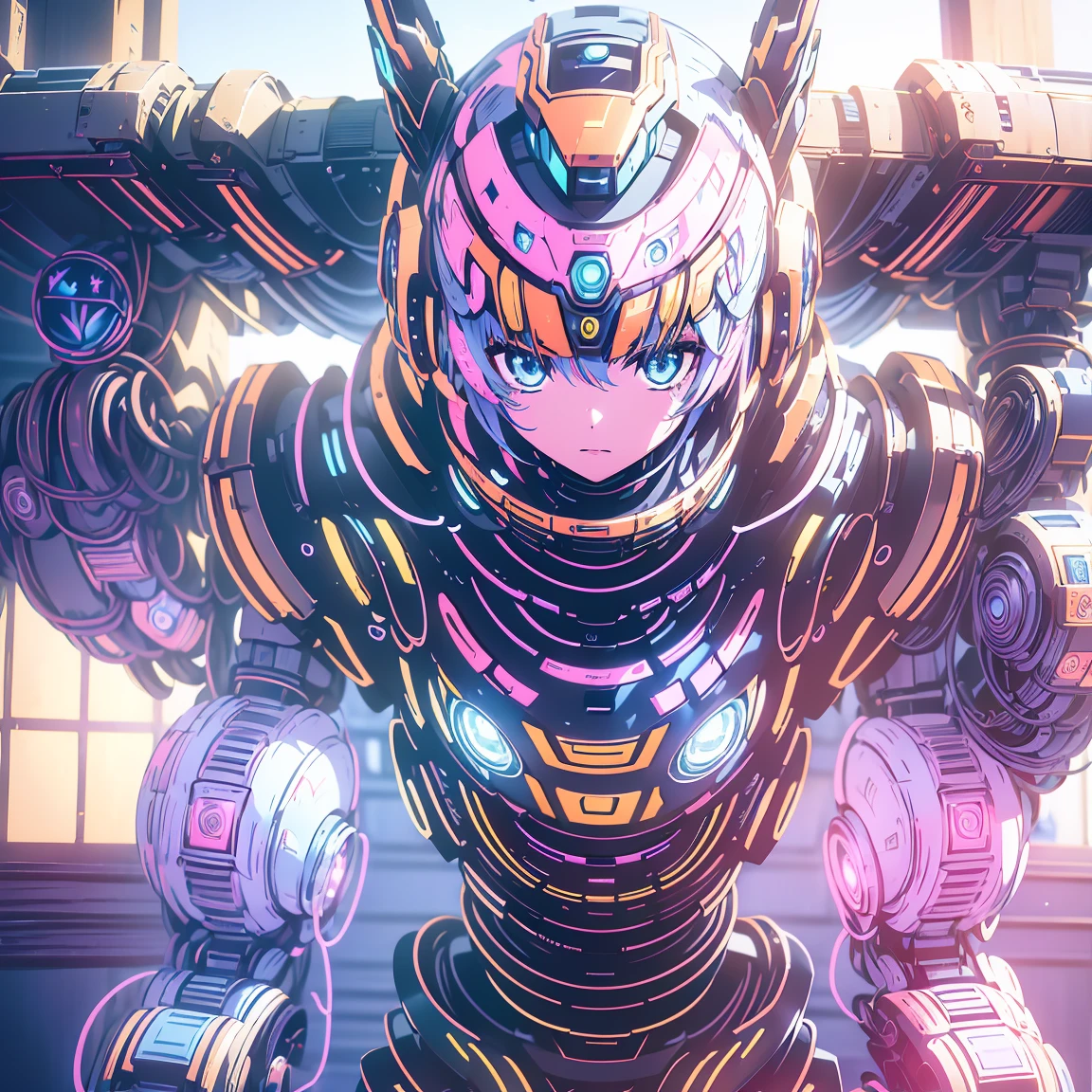 Anime, 2 characters, (1 teenage anime girl, silvery blue hair, bright blue star-shaped eyes,); (1 Robot, Humanoid, Cape, Luminous Eyes, Rugged, Fantasy, Lights, outdated, old style, dark blue, bronze), Room with window, sitting