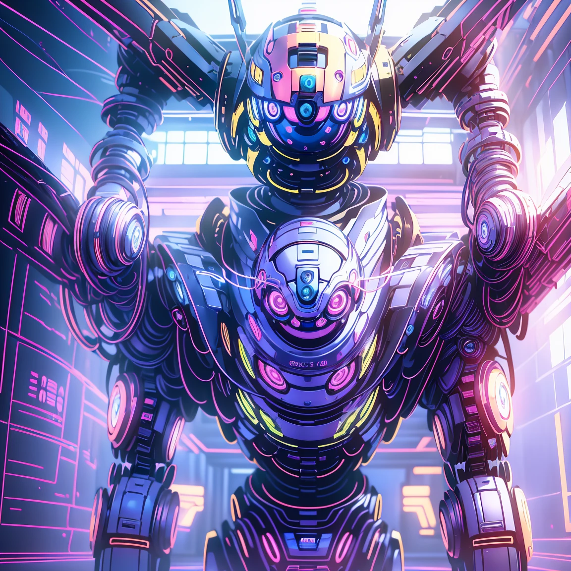 Anime, 2 characters, (1 teenage anime girl, silvery blue hair, bright blue star-shaped eyes,); (1 Robot, Humanoid, Cape, Luminous Eyes, Rugged, Fantasy, Lights, outdated, old style, dark blue, bronze), Room with window, sitting