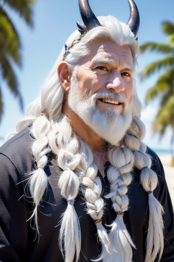 (masterpiece),(highres),(intricate details:1.4),extremely detailed,(illustration:1.2),8k,photorealistic,Anime headshot,exquisite,solo,aged,elder male eastern dragon,muscular,general,(naked upper body:1.4),(white hair:1.3),long hair,braided hair,beard,scar,naked,on the seacoast,beach resort,swimwear,beach,warm sunshine ,smiling face