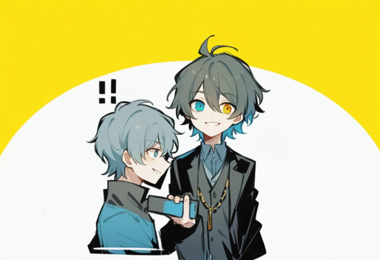 Black suit boy and blue casual suit boy,Smile,Dakaya,Two boys playing,蓝色short hair,short hair,Heterochromia,Dakaya风格,Head-to-body ratio correction,Style Correction,Correct profile picture,Correct finger