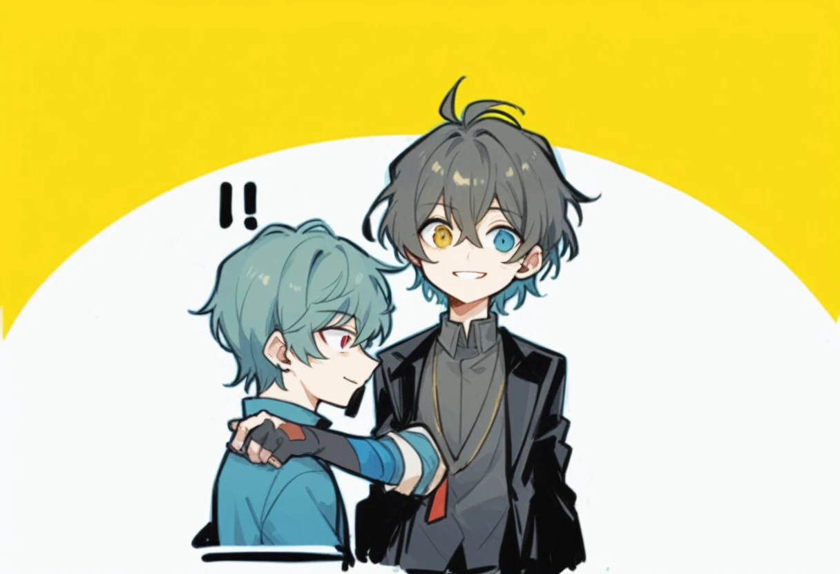 Black suit boy and blue casual suit boy,Smile,Dakaya,Two boys playing,蓝色short hair,short hair,Heterochromia,Dakaya风格,Head-to-body ratio correction,Style Correction,Correct profile picture,Correct finger