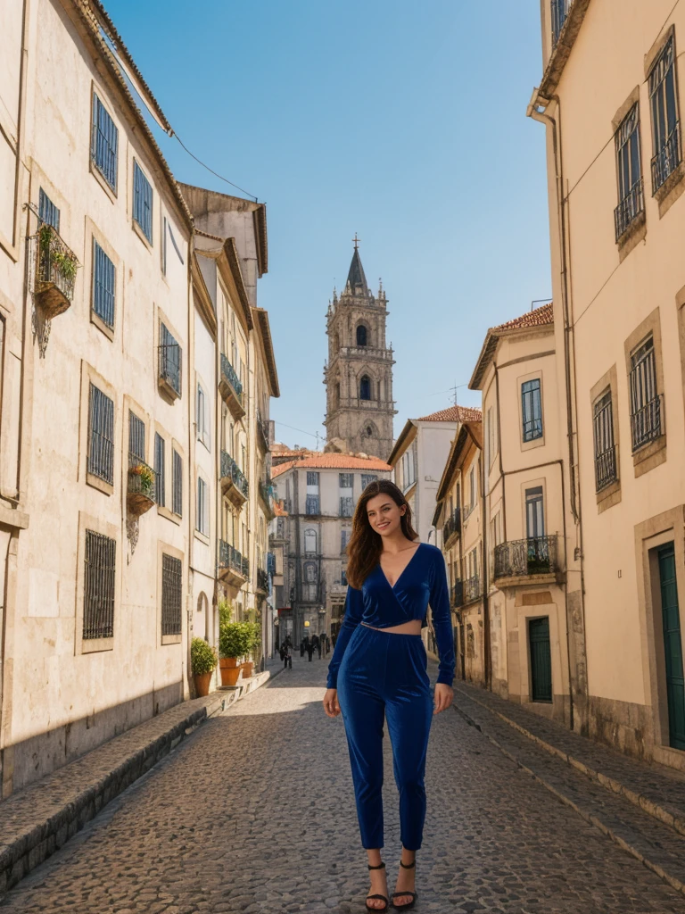 her name is Elle, high quality, 1girl, ((20-year-old fit Caucasian woman)), ((20 years old)), ((fit)), ((pale skin)), Beachy Waves dark hair , wearing Midnight Blue Velvet Wrap Top + High-Waisted Tapered Pants, pose: standing, background: Highlight the riverside charm of Porto's Ribeira district, with its colorful buildings, narrow streets, and views of the Douro River and iconic Dom Luís I Bridge.