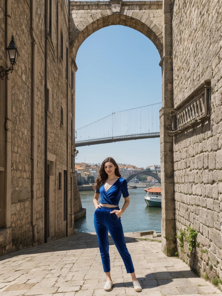 her name is Elle, high quality, 1girl, ((20-year-old fit Caucasian woman)), ((20 years old)), ((fit)), ((pale skin)), Beachy Waves dark hair , wearing Midnight Blue Velvet Wrap Top + High-Waisted Tapered Pants, pose: standing, background: Highlight the riverside charm of Porto's Ribeira district, with its colorful buildings, narrow streets, and views of the Douro River and iconic Dom Luís I Bridge.