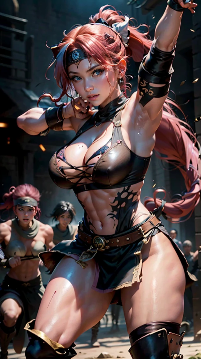 2 rival female gangs spar off in the middle of the street for a fight, all members of both gangs are all naked women with very large breast