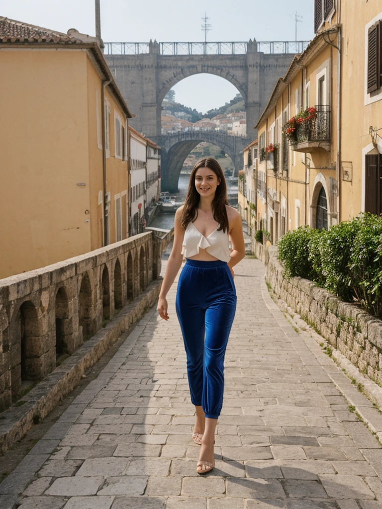 her name is Elle, high quality, 1girl, ((20-year-old fit Caucasian woman)), ((20 years old)), ((fit)), ((pale skin)), Beachy Waves dark hair , wearing Midnight Blue Velvet Wrap Top + High-Waisted Tapered Pants, pose: standing, background: Highlight the riverside charm of Porto's Ribeira district, with its colorful buildings, narrow streets, and views of the Douro River and iconic Dom Luís I Bridge.