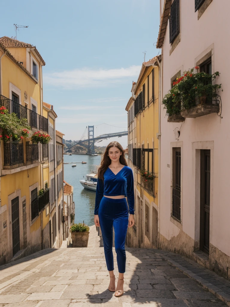 her name is Elle, high quality, 1girl, ((20-year-old fit Caucasian woman)), ((20 years old)), ((fit)), ((pale skin)), Beachy Waves dark hair , wearing Midnight Blue Velvet Wrap Top + High-Waisted Tapered Pants, pose: standing, background: Highlight the riverside charm of Porto's Ribeira district, with its colorful buildings, narrow streets, and views of the Douro River and iconic Dom Luís I Bridge.