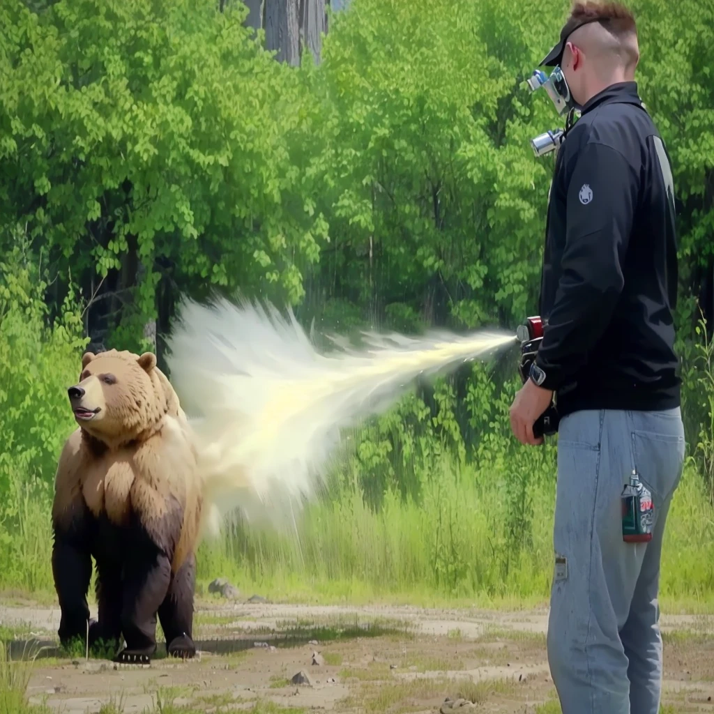 A man is spraying bears with bear repellent spray, Hot Photos, Muzzle flash, Angry Bear, Spraying liquid, Grizzly, Winning Shots, Winning Shots, Perfect Shot, impressive winning photo, Great shots, Great art, Crazy special effects, Breathtaking shots, Giant bear-human hybrid, Alaska, Escape from the bear, Fierce Appearance, crap, bear