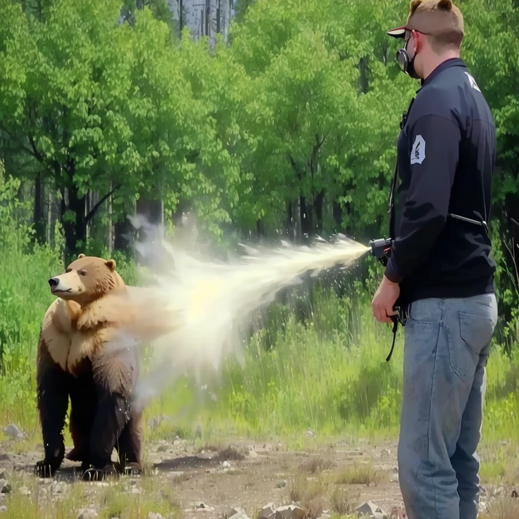 A man is spraying bears with bear repellent spray, Hot Photos, Muzzle flash, Angry Bear, Spraying liquid, Grizzly, Winning Shots, Winning Shots, Perfect Shot, impressive winning photo, Great shots, Great art, Crazy special effects, Breathtaking shots, Giant bear-human hybrid, Alaska, Escape from the bear, Fierce Appearance, crap, bear