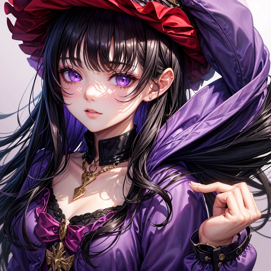 ((best quality)), ((masterpiece)), (detailed), 1modern era girl,black hair, wear a violet jacket, shirt inside, upper body, infinite neclace, red berret, black writing on the shirt, yensa ,lilac eyes