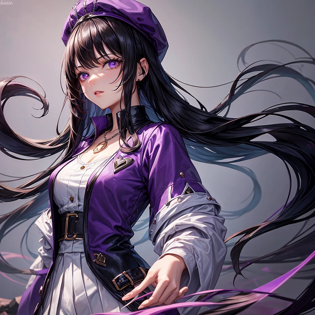 masterpiece, best quality, high resolution, fine detail, amazing and beautiful detail, different_images, 1 girl, purple white sleeveless jacket, from below, dark black hair, white-purple eyes, ( big boobs) , (lower chest), outer room, plants, black trousers, konoha village necklace
