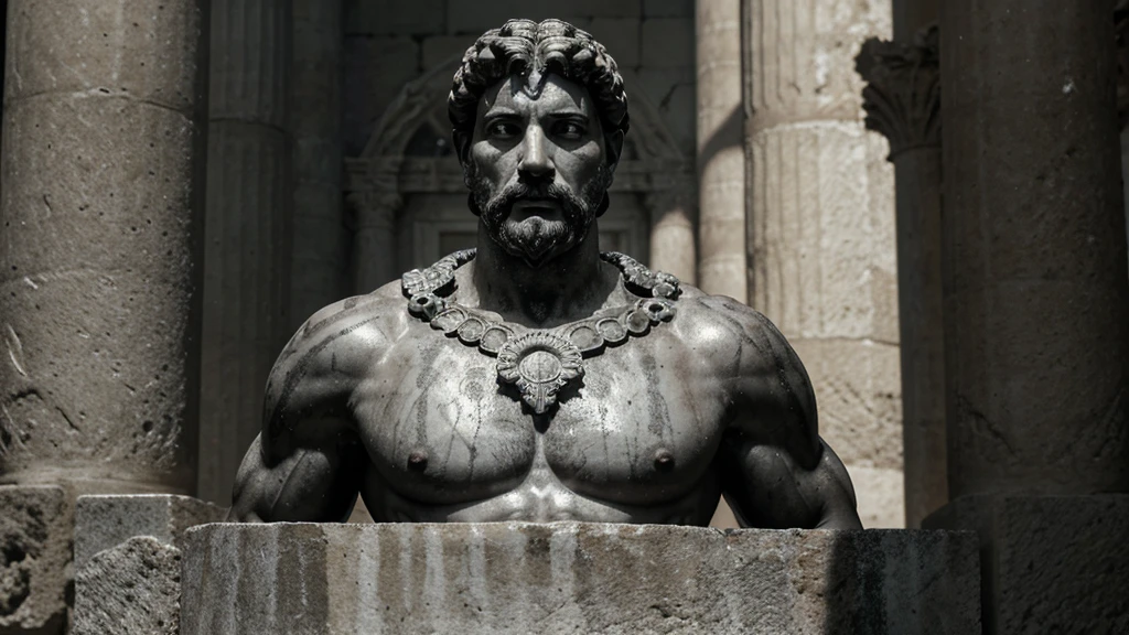 a portrait statue of the stoic Marcus Aurelius in black and white 4K, Super realistic ANCIENT GREEK RUINS, fully body, corpo stark, brawny, stark, wearing no shirt, tronco stark, stark, wearing no shirt, strong arms, 8K, ultra realisitic, cinematographic
