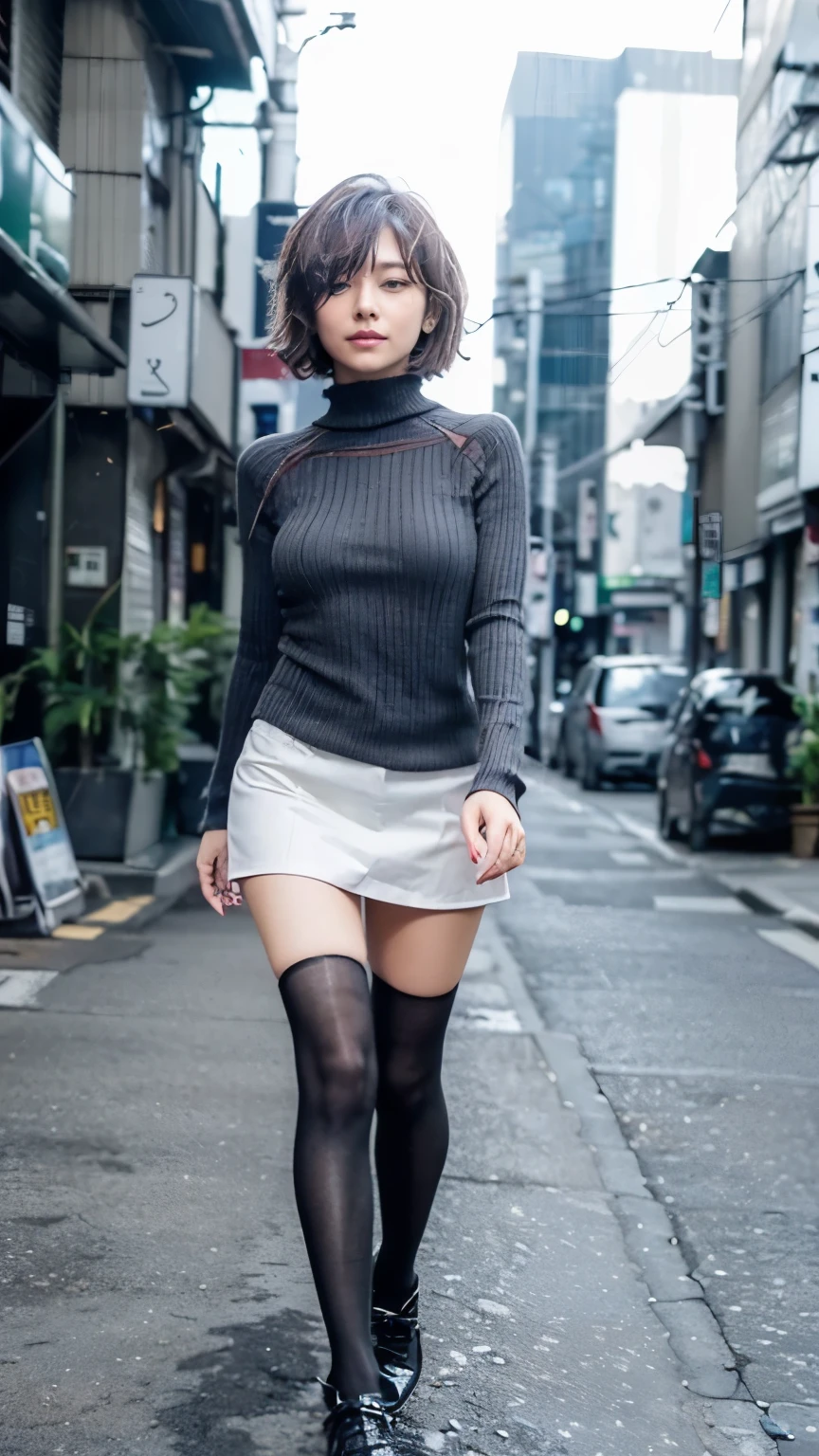 (Walking along Tokyo Street、Standing on a street corner)、(Black tight turtleneck dress:1.4、Tight mini dress:1.3、Bodycon、(Black Stockings:1.2、Wearing pantyhose that reach above the knees)、(the visible part of someone's thighs between their skirt or shorts and their knee-high socks:1.34、Absolute area))、(Realistic、Like a photograph、Live Action、8K, Photorealistic, RAW Photos, Best image quality: 1.4), Single-lens reflex camera、RAW Photos, Highest quality, Realistic, Highly detailed CG Unity 8K wallpaper, Written boundary depth, Cinematic Light, Lens flare, Ray Tracing, Realistic background、((Ultra-dense skin))、 1 female,Cute busty Japanese woman、(Japanese office lady walking down Tokyo street at night）、((whole body:1.5)，Look away:1.1、Short Bob Style:1.2、I like that style、Stylish、Very detailed、Pay attention to the details、The perfect outfit、(White skin)、Beautiful legs:1.1，View from below、Accurate hands、Accurate legs、Detailed hand and fingers、Anatomically correct body