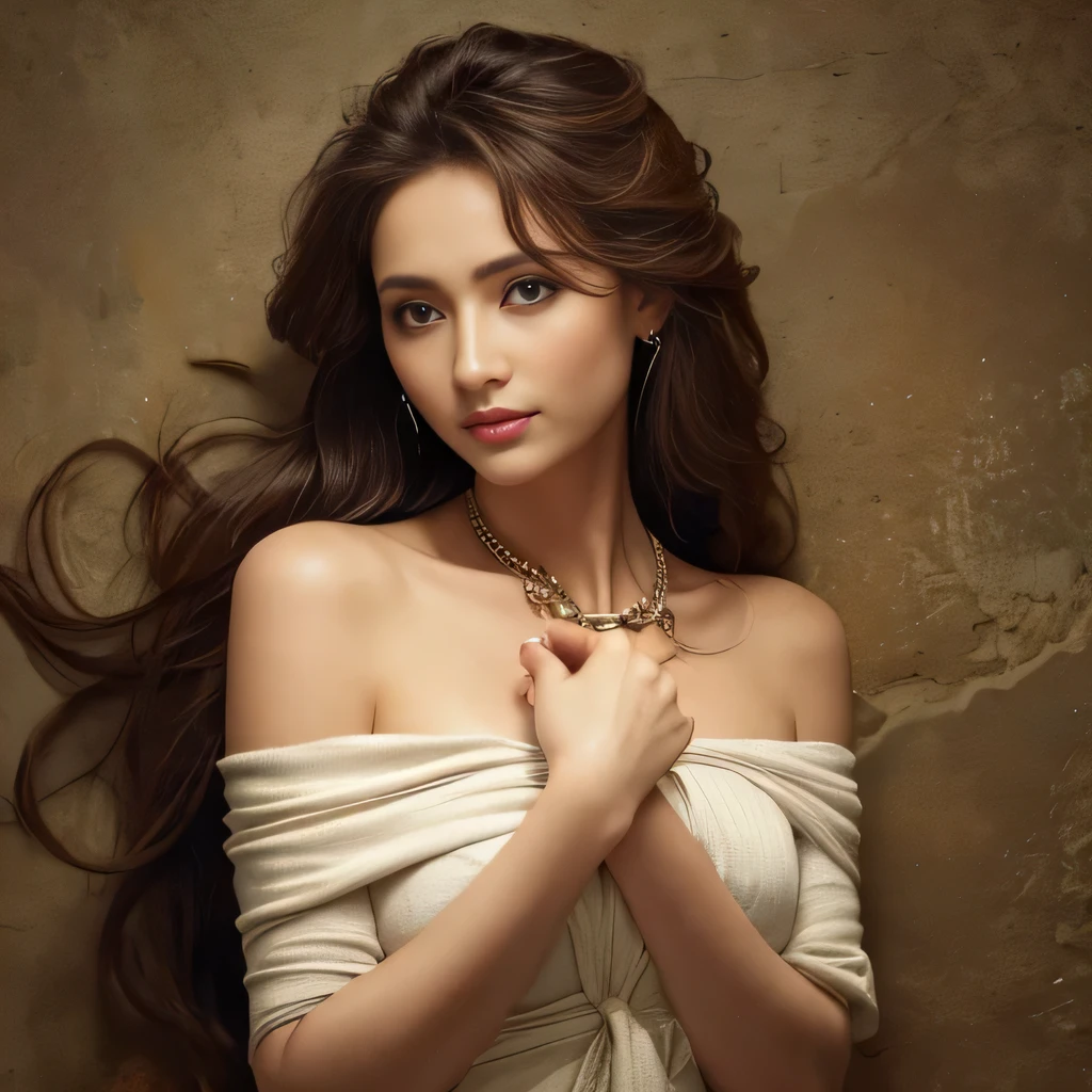 A woman leans against a wall covered in newspapers:1.5,Wearing a cross necklace, Wear a y slip dress,Fine fine skin:1.5
