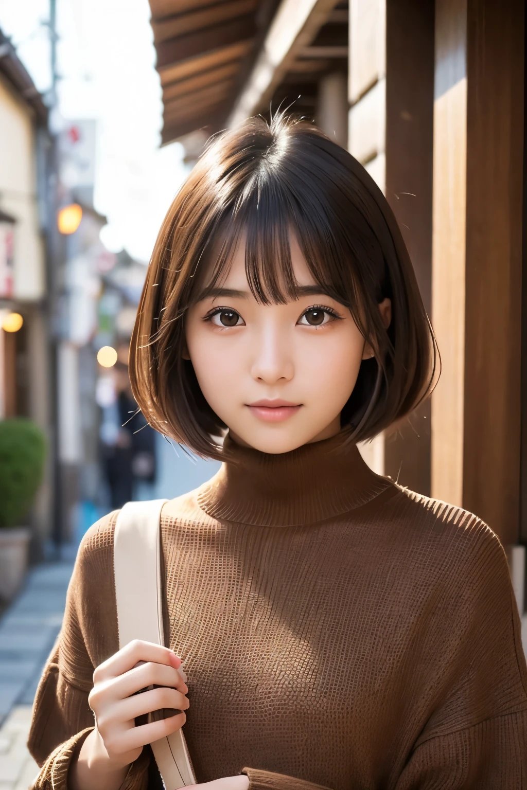 Close-up of a woman wearing a brown bell-sleeve sweater, Girl cute beautiful face, Beautiful Japanese girl face, Short hair, Beautiful young Japanese woman, Young and pretty Asian face, Realistic young gravure idol, Young and adorable Japanese face, Gorgeous Young Japanese Woman, Cute young woman, Portrait of a female idol in Japan, Portrait of a Japan ager
