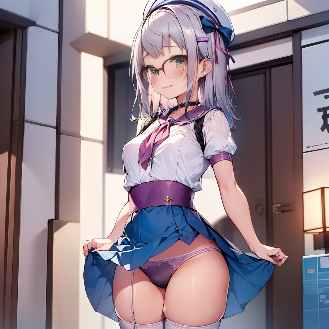 8K、masterpiece、Japanese、Woman wearing glasses、Neon(nod)、from the front、smile、Childish、Small breasts、See-through underwear、night、Bedroom、Show your underwear、mini skirt