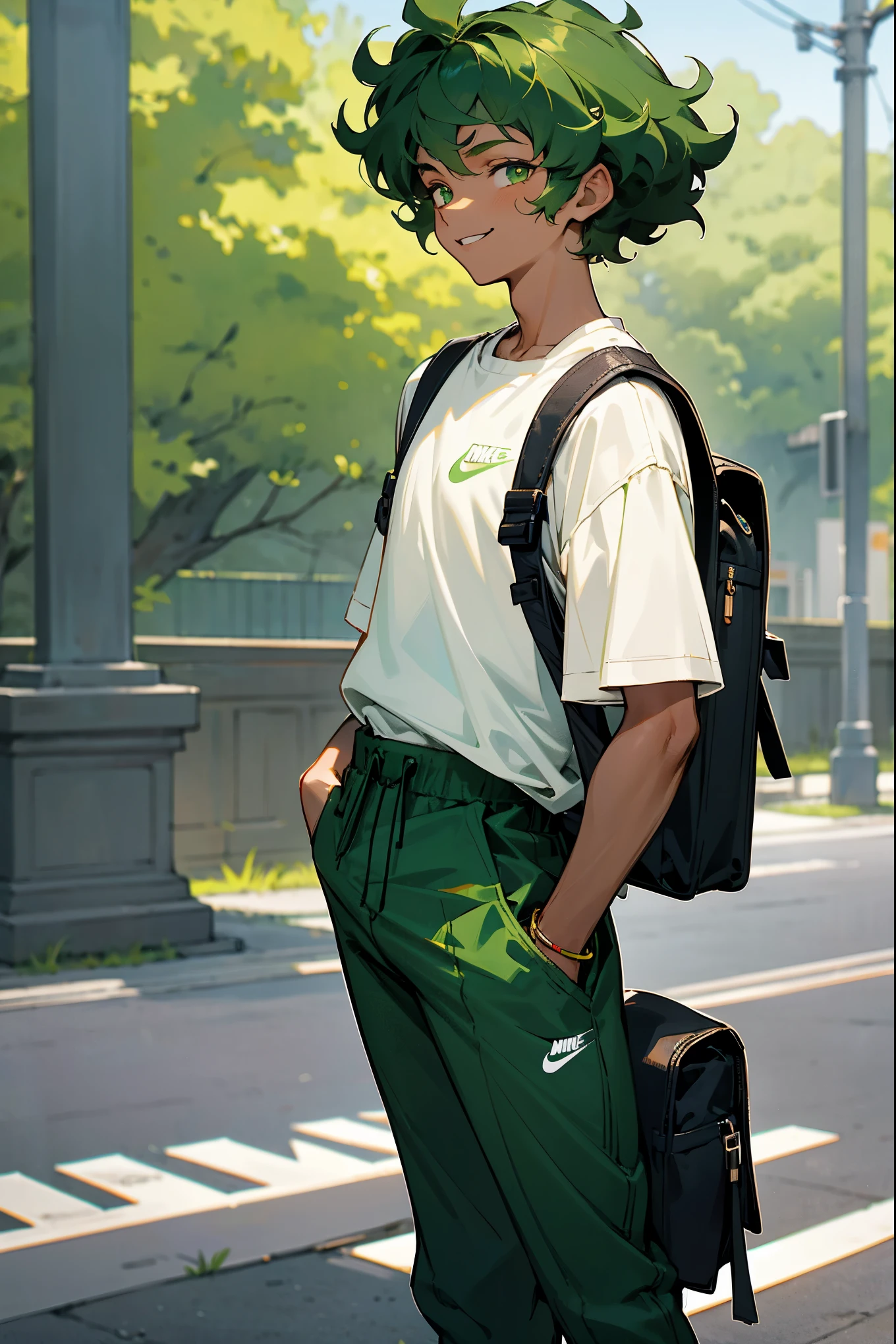 dark green hair, green eyes, smiling, curly hair, young male, lean build , teenager, white shirt, short length hair, dark skin, wearing jewlery, nike pants, nike backpack, on the street, arms in pockets