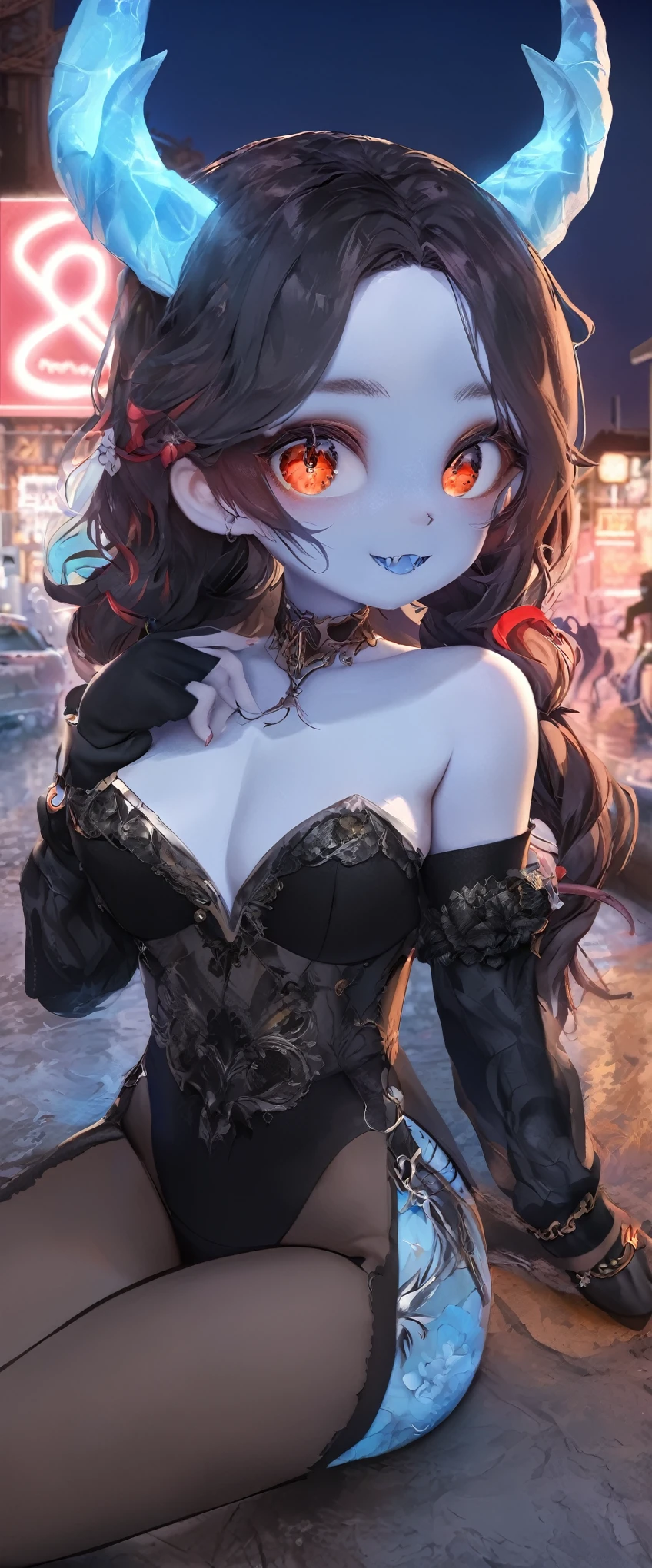 quality\(masterpiece, best quality,8k,wallpaper of extremely detailed CG unit,hight resolution,top-quality,top-quality real texture skin,hyper realisitic,increase the resolution,RAW photos,best qualtiy,highly detailed,the wallpaper\), BREAK ,1girl\(devil girl,cute,black hair,(blue skin),black bunny suit,pantyhose,red eye,big eyes,eye shining,drinking blood,smile,sharp teeth,open mouth,blue horn\), BREAK ,background(outside,night,neon,backstreet)