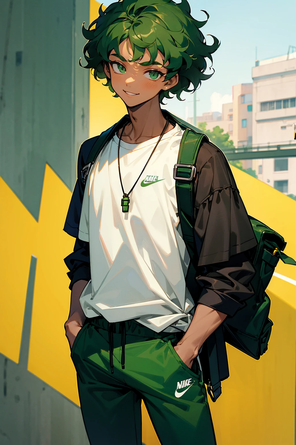 dark green hair, green eyes, smiling, curly hair, young male, lean build , teenager, white shirt, short length hair, dark skin, wearing jewlery, nike pants, nike backpack, on the street, arms in pockets