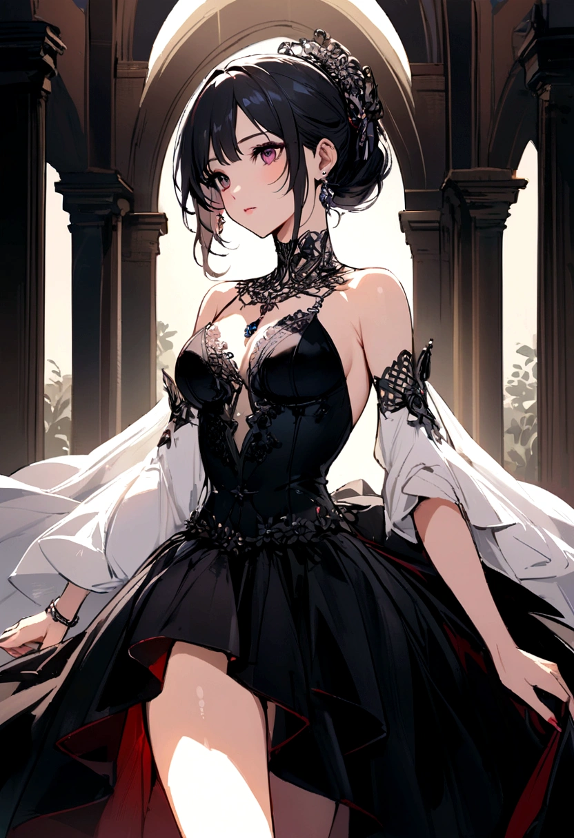 #Basics A girl is posing for a photo, animeのかわいい女の子, (((One Girl, Baby Face, Young girl, 16 years old))), 
BREAK 

#Clothing Accessories 
((Black frilly lace(Floor Length)Wedding dress:1.4) : black bridal veil + See-through dress with side slits and embroidery + Sheer black elbow gloves + Sheer black knee-high stockings + Black High Heels), 
Red Gem Earrings, Silver Necklace, 
BREAK 

#Features 
((Silver Hair)), Curly hair, (Short Hair : Short Hair + Wavy Hair + Hair blowing in the wind +Hair that bounces out),  
(Droopy eyes, blue eyes), (Small breasts),  
BREAK 

#background environment 
(noon、(Church garden in sunlight, grass))
#Facial Expression Pose
((A happy smile + Teeth are visible), (grassの上を静かに歩く:1.4)), 
#composition 
((Face the camera, Angle from the front, Cowboy Shot:1.4)),  
BREAK 

#Body parts elements 
(Detailed hair, Beautiful Hair, Shiny Hair), 
(double eyelid, Long eyelashes), 
(Expression of fine eyes, Beautiful and delicate eyes, Sparkling eyes, Eye Reflexes, Glitter Eyeliner), 
(Human Ear), 
(Beautiful Nose, Thin Nose), 
(Glossy lips, Beautiful Lips, Thick lips, Glossy Lips, Natural Cheeks), 
(Detailed face, Symmetrical facial features), 
(Detailed skin, Textured skin, Beautiful Skin, Shiny skin), 
BREAK 

#Quality 
(((Highest quality)), ((masterpiece)), ((Very detailed))), ((High resolution), (16K,1080P)), 
(Realistic), (Anatomically correct), 
((comics, anime)), (3DCG), CG illustration,
