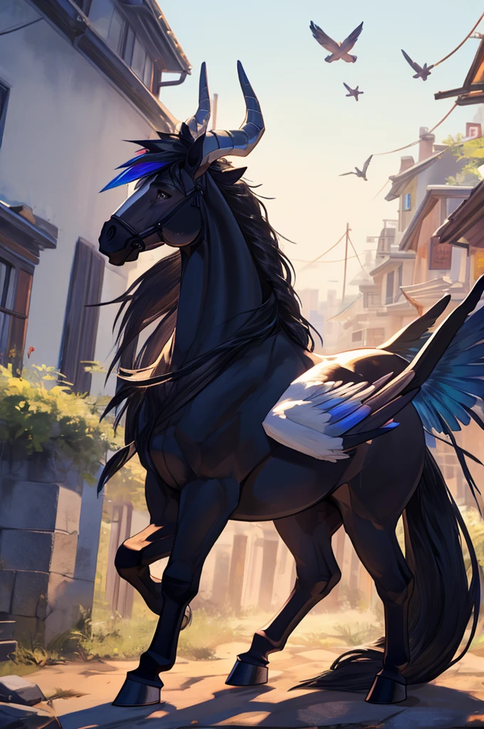 Feral, large, Alicorn, white fur, black mane and tail, rainbow mane and tail accents ((equine)) ((wings)) ((horn))