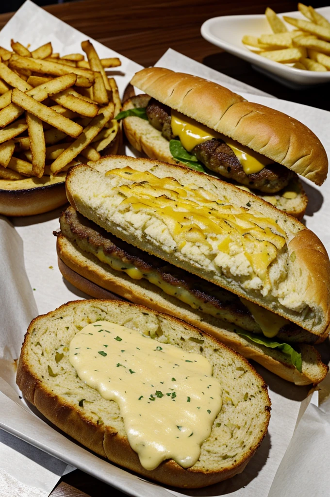 Choripan argentino ( garlic or parmesan bread)
$45 Burger with American cheese and premium meat with onion chips 130