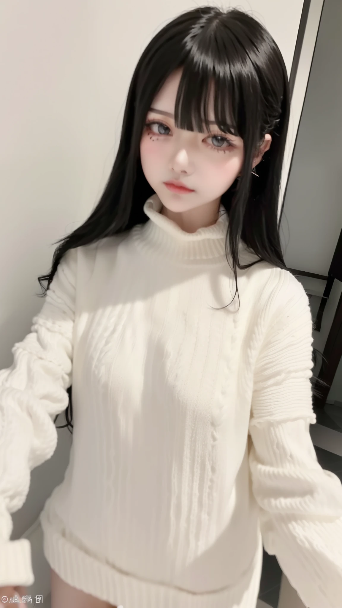 Highest quality、8K、32k、masterpiece、Hmph:1.2)、One Girl、One Girl、Black-haired、Heavy bangs、Chest-length hair、Focus on the face、Focus on the face、(Virgin killer sweater:1.5, 頭から足まで:1.5)